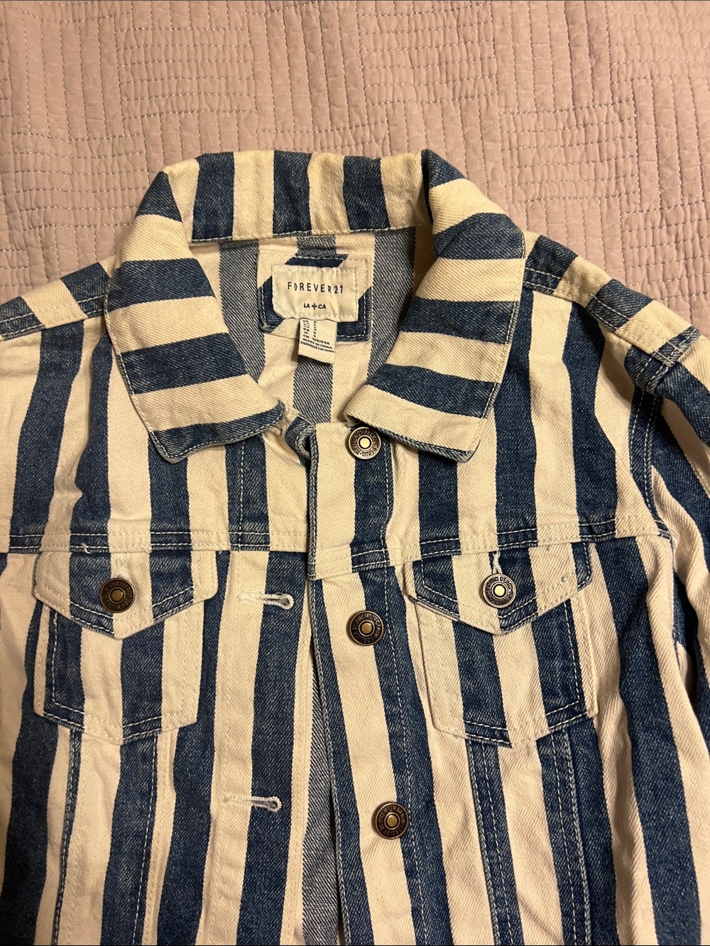 Forever 21 Blue and Cream Striped Cropped Denim Jacket - Picture 2 of 2